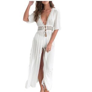 Cute Options Women's White 100% Rayon Lace Kaftan Beach Cover Up Dress S…